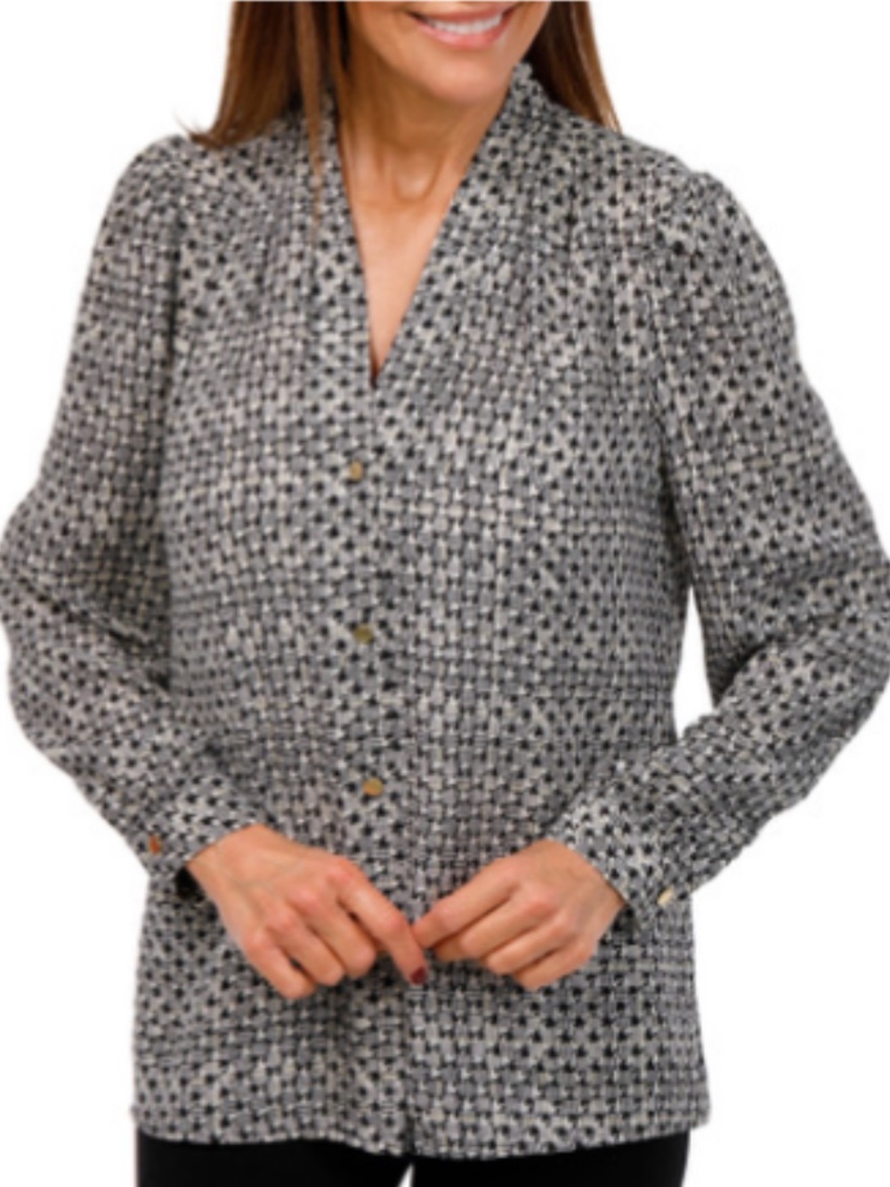 NWT Nine West Ivory and Black Houndstooth Button-Down Shirt Size XL